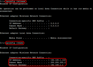 The ipconfig renew and release commands.