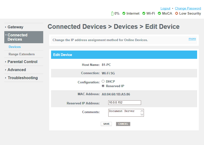 screenshot of a pop-up showing a Static IP