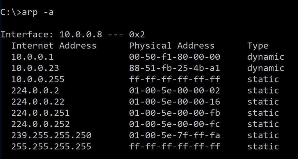 Screenshot of the arp –a command at the command prompt