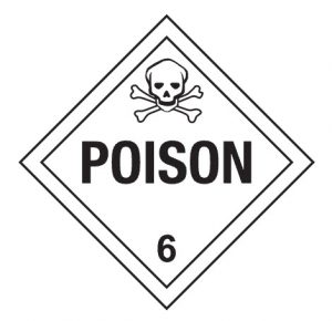 Graphic of an OSHA Class 6 placard denoting is material, other than a gas, which is known to be so toxic to humans as to afford a hazard to health during transportation.