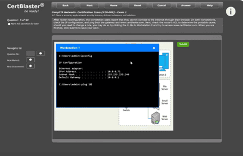Color screenshot of a CertBlaster Network-N10-009-Performance-Based-Question. showing a CLI.